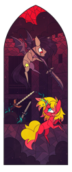 Size: 1254x3000 | Tagged: safe, artist:k-irie, derpibooru import, oc, oc:cinnamon swirl, oc:senka stargazer, pony, succubus, unicorn, fight, glaive, knife, magic, stained glass, stained glass window, sword, weapon