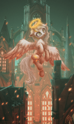 Size: 2160x3600 | Tagged: safe, artist:muggod, derpibooru import, oc, oc only, pegasus, pony, building, castle, chest fluff, female, fluffy, flying, gothic, halo, high res, mare, outdoors, pegasus oc, raised hoof, raised leg, solo, window, wings