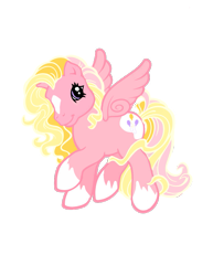 Size: 791x1024 | Tagged: safe, artist:vernorexia, derpibooru import, pinkie pie (g3), spot, surprise, oc, oc:surprise party, pegasus, pony, g3, coat markings, fusion, i can't believe it's not hasbro studios, pastel colors, pink body, pink mane, purple eyes, request, requested art, simple background, socks (coat marking), solo, transparent background, wings, yellow mane