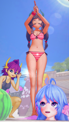 Size: 1440x2560 | Tagged: safe, artist:ratachu666, derpibooru import, silverstream, smolder, yona, human, 3d, bikini, breasts, cleavage, clothes, female, horn, horned humanization, humanized, koikatsu, one-piece swimsuit, swimsuit, trio, trio female