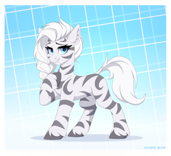 Size: 2380x2160 | Tagged: safe, artist:strafe blitz, derpibooru import, oc, oc only, oc:schansai, zebra, female, looking at you, mare, smiling, smiling at you, solo, unshorn fetlocks, zebra oc