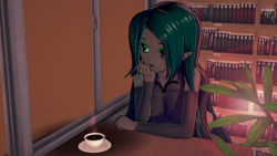 Size: 2560x1440 | Tagged: safe, artist:ratachu666, derpibooru import, queen chrysalis, equestria girls, 3d, arm warmers, book, bookshelf, clothes, coffee, cup, equestria girls-ified, female, hand, hand on chin, koikatsu, shirt, sitting, solo