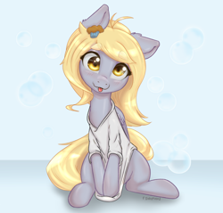 Size: 1500x1431 | Tagged: safe, artist:inky_mitts, derpibooru import, derpy hooves, pegasus, pony, :p, alternate hairstyle, blushing, bubble, clothes, cute, derpabetes, female, hair accessory, looking at you, mare, one ear down, shirt, shirt pull, sitting, solo, t-shirt, tongue, tongue out