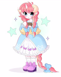 Size: 3757x4760 | Tagged: safe, artist:franshushu, derpibooru import, oc, oc only, oc:nekonin, alicorn, anthro, arm hooves, braid, clothes, commission, cute, dress, male, pink hair, simple background, solo, stars, trap, white background