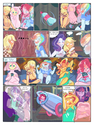 Size: 3000x4000 | Tagged: safe, artist:mlp-cam, artist:mrrowerscream, derpibooru import, applejack, fluttershy, pinkie pie, rainbow dash, rarity, sci-twi, starlight glimmer, sunset shimmer, twilight sparkle, comic:equestria girls curse and madness, equestria girls, blushing, bunny pajamas, clothes, comic, controller, daisy dukes, female, front knot midriff, gamer sunset, high res, humane eight, humane five, humane six, implied appledash, implied lesbian, implied shipping, midriff, pajamas, party cannon, shirt, shorts, speech bubble, spin the bottle, video game