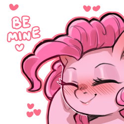 Size: 1159x1159 | Tagged: safe, artist:cold-blooded-twilight, derpibooru import, pinkie pie, earth pony, pony, blushing, dialogue, eyes closed, female, heart, mare, simple background, smiling, solo, transparent background, underhoof