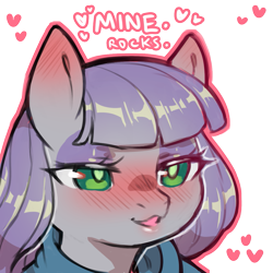 Size: 1159x1159 | Tagged: safe, artist:cold-blooded-twilight, derpibooru import, maud pie, earth pony, pony, bedroom eyes, blushing, clothes, dialogue, ear blush, eyeshadow, female, heart, heart eyes, makeup, mare, open mouth, open smile, rock, simple background, smiling, solo, that pony sure does love rocks, transparent background, when she smiles, wingding eyes