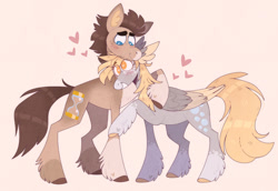 Size: 1280x883 | Tagged: safe, artist:wanderingpegasus, derpibooru import, derpy hooves, doctor whooves, earth pony, pegasus, pony, alternate hairstyle, coat markings, cute, derpabetes, doctorderpy, duo, female, grin, heart, male, mare, raised hoof, raised leg, redesign, shipping, smiling, stalion, straight, unshorn fetlocks