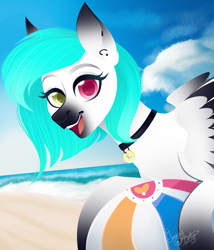 Size: 3000x3500 | Tagged: safe, artist:77jessieponygames77, derpibooru import, oc, oc only, pegasus, pony, beach, beach ball, bust, eyelashes, female, heterochromia, mare, pegasus oc, smiling, solo, wings