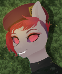 Size: 2800x3300 | Tagged: safe, artist:77jessieponygames77, derpibooru import, oc, oc only, earth pony, monster pony, pony, abstract background, beret, bust, clothes, earth pony oc, eyelashes, female, hat, mare, no pupils, purple sclera, red eyes, solo