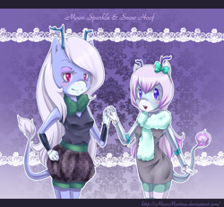 Size: 1300x1200 | Tagged: safe, artist:churobu, derpibooru import, oc, oc only, oc:moon sparkle, anthro, deer, hybrid, antlers, clothes, duo, eyelashes, female, hand on hip, holding hands, scarf, smiling, unideer