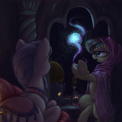 Size: 3000x3000 | Tagged: safe, artist:t72b, derpibooru import, amira, earth pony, pony, saddle arabian, background pony, clothes, cushion, desert, dome, female, glowing, headscarf, hoof hold, jewelry, lying down, magic, makeup, mare, night, night sky, prone, scarf, sitting, sky, stars, veil, window