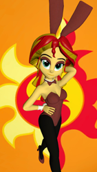 Size: 900x1600 | Tagged: safe, artist:oatmeal!, derpibooru import, sunset shimmer, equestria girls, 3d, arm behind head, bedroom eyes, breasts, bunny ears, bunny suit, clothes, cutie mark, cutie mark background, easter, gmod, hand on waist, holiday, looking at you, sexy, simple background, solo, unitard, walking