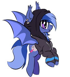 Size: 1686x1867 | Tagged: safe, artist:cyberus_art, oc, oc only, oc:silent night, bat pony, pony, ponybooru collab 2022, bat pony oc, blue coat, blue wings, clothes, ear fluff, ear piercing, ears, female, hoodie, mare, piercing, purple eyes, sfw, simple background, smiling, solo, thestral, transparent background, wings