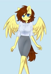 Size: 2643x3789 | Tagged: safe, artist:cottonsweets, derpibooru import, oc, oc only, oc:lucy harmony, anthro, pegasus, anthro oc, blue background, clothes, commission, cute, female, light blue background, looking at you, mare, ocbetes, shirt, simple background, skirt, smiling, smiling at you, solo, wings