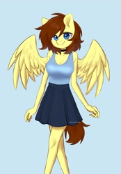 Size: 2643x3789 | Tagged: safe, artist:cottonsweets, derpibooru import, oc, oc only, oc:lucy harmony, anthro, pegasus, anthro oc, blue background, clothes, commission, cute, dress, female, light blue background, looking at you, mare, ocbetes, simple background, skirt, smiling, smiling at you, solo, wings