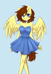 Size: 2643x3789 | Tagged: safe, artist:cottonsweets, derpibooru import, oc, oc only, oc:lucy harmony, anthro, pegasus, anthro oc, blue background, clothes, commission, cute, dress, female, light blue background, looking at you, mare, ocbetes, simple background, smiling, smiling at you, solo, wings