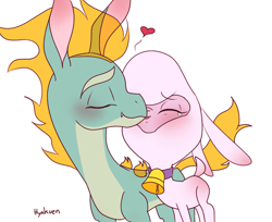 Size: 1316x1075 | Tagged: safe, artist:hyakuen, derpibooru import, pom lamb, tianhuo, dragon, hybrid, lamb, longma, sheep, them's fightin' herds, adorapom, blushing, butt blush, community related, crying, cute, ear blush, eyes closed, female, heart, interspecies, kissing, lesbian, pomhuo, shipping, tears of joy