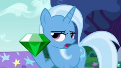 Size: 1280x720 | Tagged: safe, derpibooru import, edit, edited screencap, screencap, trixie, pony, unicorn, no second prances, chaos emerald, crossover, solo, sonic the hedgehog (series)