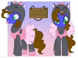 Size: 2048x1530 | Tagged: safe, alternate version, artist:elberas, derpibooru import, oc, oc:silly scribe, earth pony, hippopotamus, pony, :p, animal costume, ballerina, ballet, clothes, costume, crossdressing, cute, male, ocbetes, sign, silly, silly pony, tongue, tongue out, tutu