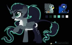 Size: 1600x993 | Tagged: safe, artist:elberas, derpibooru import, gabby, princess luna, alicorn, griffon, pony, black background, female, fusion, mare, raised hoof, raised leg, simple background