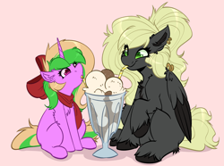 Size: 4000x2976 | Tagged: safe, artist:witchtaunter, derpibooru import, oc, oc only, oc:sparkly breeze, oc:veen sundown, pegasus, pony, unicorn, bow, chest fluff, clothes, drink, drinking, drinking straw, duo, ear fluff, ear piercing, ears, female, food, hair bow, high res, ice cream, mare, milkshake, piercing, scarf, sharing, sharing a drink, simple background, size difference, wing piercing, wings