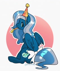 Size: 2742x3221 | Tagged: safe, artist:opalacorn, derpibooru import, oc, oc only, pegasus, pony, beanbrows, bow, eyebrows, hat, party hat, party horn, solo, tail, tail bow