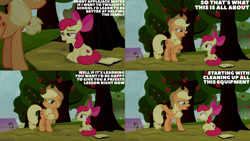 Size: 1280x720 | Tagged: safe, derpibooru import, edit, edited screencap, editor:quoterific, screencap, apple bloom, applejack, earth pony, pony, marks for effort, season 8, spoiler:s08, apple bloom's bow, applejack's hat, book, bow, clothes, cowboy hat, duo, female, filly, foal, hair bow, hat, implied twilight sparkle, mare, open mouth, open smile, smiling, text, tree