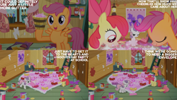 Size: 1280x720 | Tagged: safe, derpibooru import, edit, edited screencap, editor:quoterific, screencap, apple bloom, scootaloo, sweetie belle, earth pony, pegasus, pony, unicorn, hearts and hooves day (episode), season 2, apple bloom's bow, bow, clubhouse, crusaders clubhouse, cutie mark crusaders, eyes closed, female, filly, foal, hair bow, implied cheerilee, open mouth, open smile, smiling, spread wings, text, trio, wings