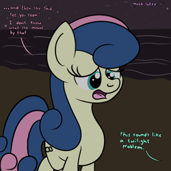Size: 2000x2000 | Tagged: safe, artist:dafiltafish, derpibooru import, bon bon, sweetie drops, earth pony, pony, comic:day by day, beach, comic, dialogue, female, frown, high res, implied lyra, mare, night, ocean, offscreen character, open mouth, outdoors, solo, speech bubble, tail, talking, water