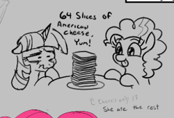 Size: 348x236 | Tagged: safe, artist:jargon scott, derpibooru import, pinkie pie, twilight sparkle, earth pony, pony, unicorn, 64 slices of american cheese, american cheese, cheese, duo, female, food, gray background, mare, simple background, sketch, sliced cheese, the simpsons, tongue, tongue out, wavy mouth