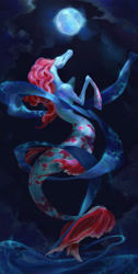 Size: 1920x3812 | Tagged: safe, artist:aterfox, derpibooru import, oc, oc only, hybrid, merpony, seahorse, seapony (g4), beautiful, cloud, dorsal fin, fins, fish tail, flowing tail, looking up, moon, moonlight, night, ocean, red mane, sketch, solo, tail, water
