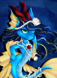 Size: 849x1157 | Tagged: safe, artist:cleferme, derpibooru import, oc, oc only, hybrid, merpony, seapony (g4), siren, blue background, blue mane, commission, dorsal fin, female, fins, fish tail, flowing mane, flowing tail, gem, horns, jewelry, looking at you, mare, necklace, ocean, one eye closed, pearl necklace, seashell, simple background, smiling, smiling at you, solo, tail, teeth, underwater, water, wink