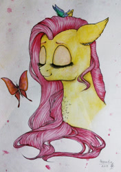 Size: 599x849 | Tagged: safe, artist:pessadie, derpibooru import, fluttershy, butterfly, pony, eyelashes, eyes closed, solo, traditional art