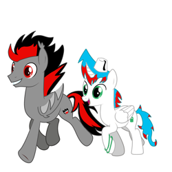 Size: 3000x3000 | Tagged: safe, artist:null-soka, derpibooru import, oc, oc only, oc:ashesfire, oc:ghost null, alicorn, bat pony, pony, alicorn oc, bat pony oc, bat wings, bracelet, curved horn, duo, ear fluff, ear tufts, ears, folded wings, grin, hat, high res, hooves, horn, jewelry, open mouth, open smile, raised hoof, raised leg, running, show accurate, simple background, smiling, tail, two toned mane, two toned tail, white background, wings