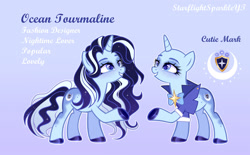 Size: 1920x1193 | Tagged: safe, artist:gihhbloonde, artist:starflightsparkleyt, derpibooru import, oc, oc:ocean tourmaline, pony, unicorn, female, mare, offspring, parent:shining armor, parent:trixie, reference sheet, solo