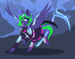 Size: 2481x1965 | Tagged: safe, artist:silkensaddle, derpibooru import, oc, oc only, alicorn, pony, alicorn oc, armor, clothes, dress, female, horn, magic, mare, scythe, solo, telekinesis, weapon, wings