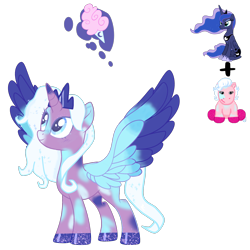 Size: 2164x2164 | Tagged: safe, artist:mint-light, artist:vernorexia, derpibooru import, princess luna, oc, alicorn, pony, g4, adoptable, base used, colored hooves, colored wings, crown, cutie mark, eyeshadow, female, fusion, glitter, jewelry, makeup, mare, multicolored coat, multicolored wings, patch, reference sheet, regalia, requested art, shipping, simple background, solo, sparkles, spread wings, transparent background, webkinz, webkinz pink pony, white mane, wings