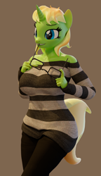 Size: 2360x4096 | Tagged: safe, artist:arcanetesla, derpibooru import, oc, oc:mysti tesla, anthro, unicorn, 3d, blender, busty mysti tesla, clothes, off shoulder, off shoulder sweater, simple background, solo, sweater