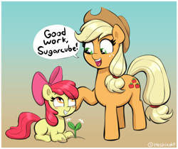 Size: 1968x1650 | Tagged: safe, artist:heretichesh, derpibooru import, apple bloom, applejack, earth pony, pony, adorabloom, applejack's hat, blushing, bow, clothes, cowboy hat, cute, dirty hooves, female, filly, foal, grin, hair bow, hairtie, hat, jackabetes, mare, plant, siblings, simple background, sisters, smiling, speech bubble, sprout, text