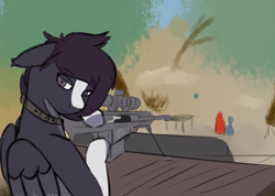 Size: 2000x1422 | Tagged: safe, derpibooru import, oc, pegasus, collar, gun, rifle, sketch, sniper, sniper rifle, weapon