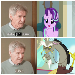 Size: 1100x1100 | Tagged: safe, derpibooru import, edit, edited screencap, screencap, discord, starlight glimmer, draconequus, human, pony, unicorn, a matter of principals, discord drama, drama, female, harrison ford, irl, irl human, male, mare, meme, photo