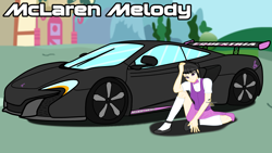 Size: 3840x2160 | Tagged: safe, artist:forzaveteranenigma, derpibooru import, octavia melody, car, clothes, digital art, flats, human coloration, looking at you, mclaren, mclaren 650s, pose, shoes, skirt, supercar