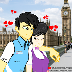 Size: 4096x4096 | Tagged: safe, artist:forzaveteranenigma, derpibooru import, octavia melody, oc, oc:assetto-forza massimo, human, big ben, canon x oc, elizabeth tower, female, heart, instagram, irl, irl human, irl photo, london, looking at each other, looking at someone, love, male, photo, real life background, shipping, smiling, smiling at each other, straight, youtube