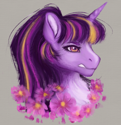 Size: 3100x3200 | Tagged: safe, artist:roselord, derpibooru import, twilight sparkle, twilight sparkle (alicorn), alicorn, pony, alternate hairstyle, flower, gray background, simple background, stern