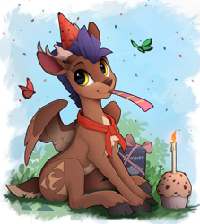 Size: 1500x1680 | Tagged: safe, artist:yakovlev-vad, derpibooru import, oc, oc only, oc:arny, butterfly, deer, deer pony, original species, peryton, birthday, candle, cupcake, food, hat, looking at you, party hat, party horn, sitting, solo
