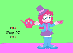 Size: 1480x1064 | Tagged: safe, artist:princess-josie-riki, derpibooru import, pinkie pie, equestria girls, alice in wonderland, boots, bowtie, clothes, crossover, cup, cutie mark, hat, high heel boots, high heels, mad hatter, shoes, teacup, teapot, top hat