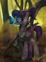 Size: 3000x4000 | Tagged: safe, artist:flaremoon, derpibooru import, oc, oc:shooting star (r&f), butterfly, pegasus, pony, armor, butterfly on nose, female, forest, guardsmare, halberd, helmet, insect on nose, mare, royal guard, solo, weapon