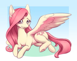 Size: 2800x2200 | Tagged: safe, artist:anvalina, derpibooru import, fluttershy, pegasus, pony, cute, female, gradient background, head turned, high res, looking at you, lying down, mare, prone, shyabetes, smiling, solo, spread wings, three quarter view, wings