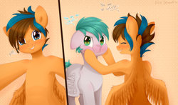 Size: 2828x1668 | Tagged: safe, artist:pony-ellie-stuart, derpibooru import, oc, oc only, pegasus, pony, blushing, cheek squish, commission, cute, duo, eyes closed, female, male, pegasus oc, squishy cheeks, ych result